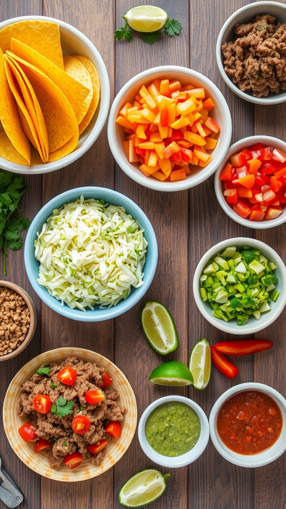 An array of taco ingredients including tortillas, meat, vegetables, and toppings on a rustic wooden table.
